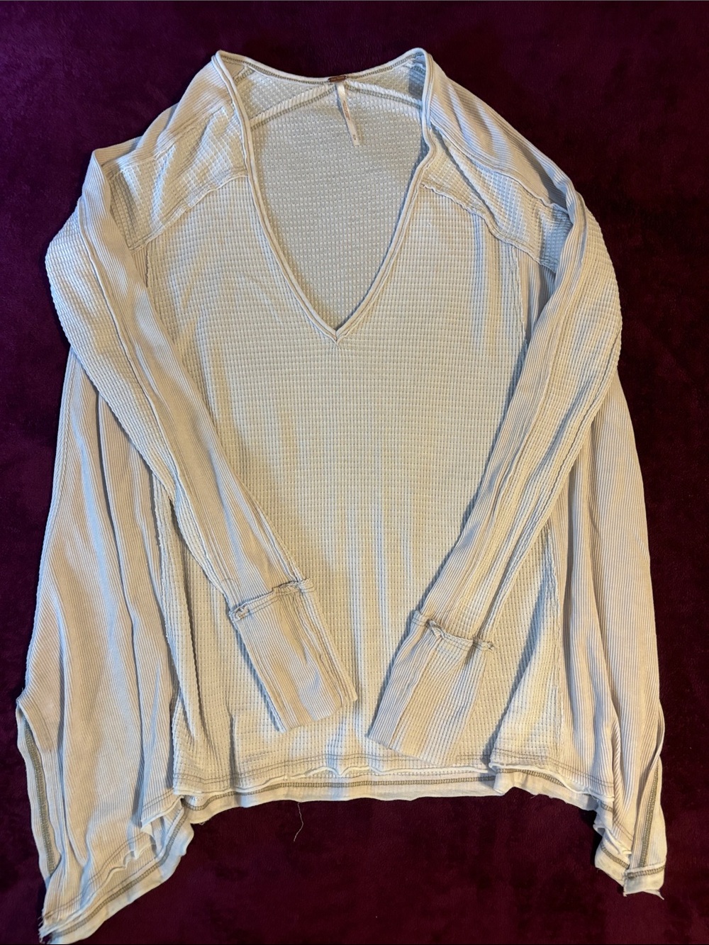 Free People Light Gray Waffle Knit V-Neck Long Sleeve Top